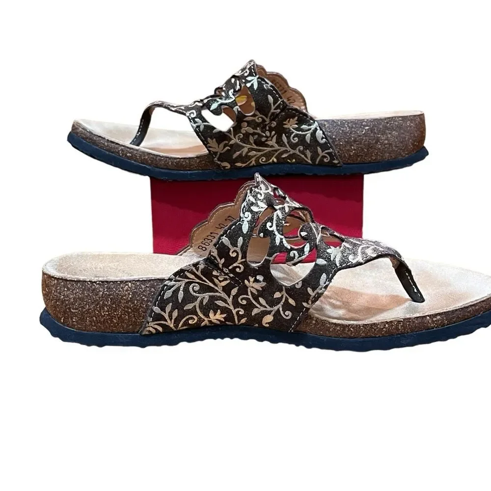 Think! Brown Gold Sandals Metallic Lace Flip Flops Leather Floral Cork Insole